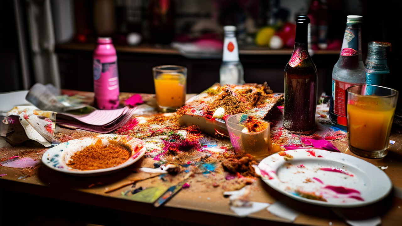 Image shows a horrible mess after a party in Sahuarita, AZ. Plates strewn about, cake crumbs and half full glasses line the table.
