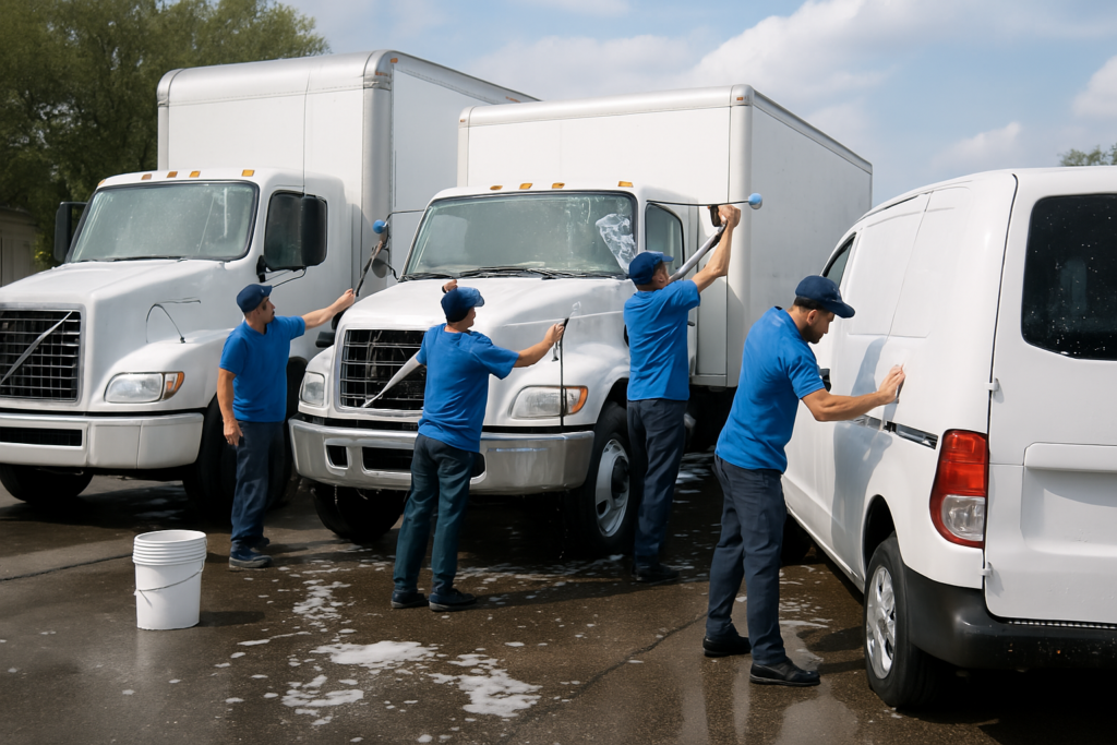 Image shows crew of Mean Green Cleaning washing & detailing a fleet of vehicles to show our service.